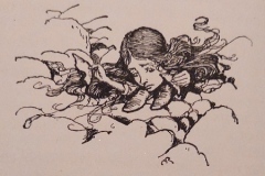Arthur Rackham -  - Alice shrinks after nibbling from the mushroom - Alice in Wonderland